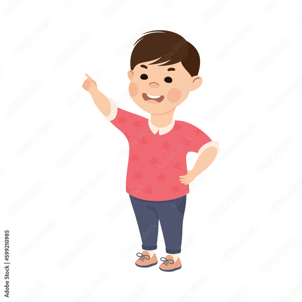 Little Boy with Angry Grimace Teasing Somebody Pointing Finger Vector Illustration
