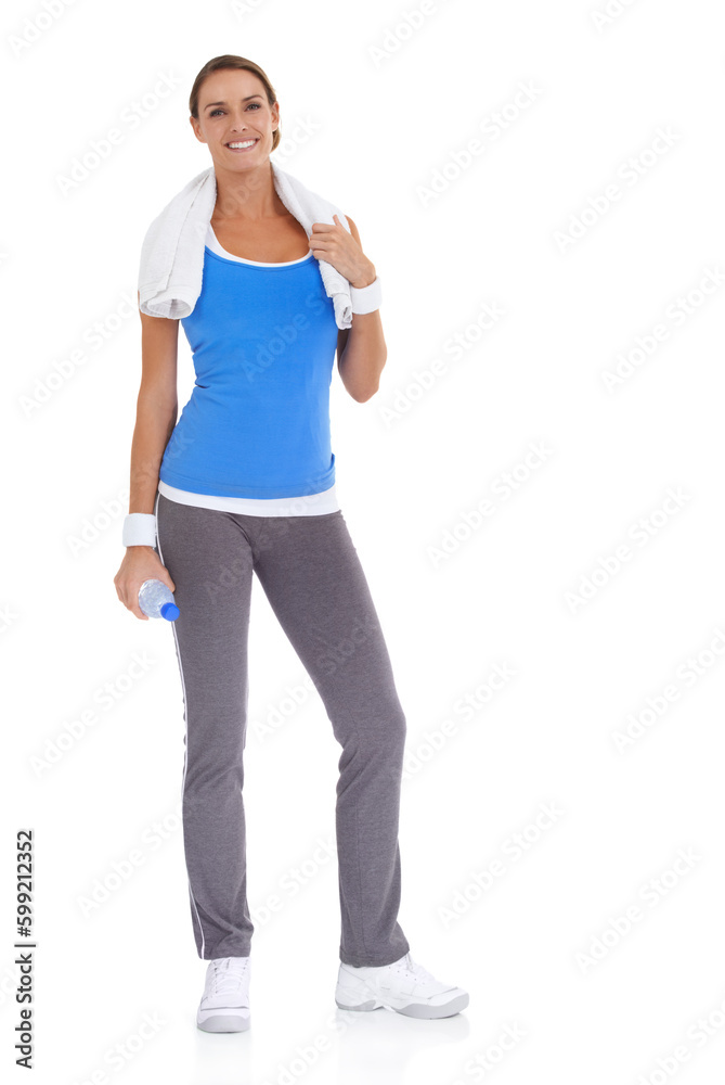 Ready to hit the gym. Healthy young woman holding a bottle of mineral water while isolated on white. Ready to hit the gym. Healthy young woman holding a bottle of mineral water while isolated on white.