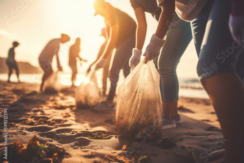 Group of young eco volunteers picking up plastic trash on the beach. Generative AI.