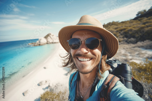 Handsome young man with sunglasses and hat taking selfie photo on summer vacation day - Generative AI.