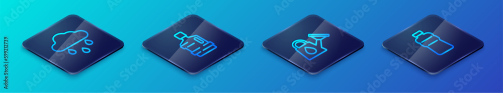 Set Isometric line Watering can, Cloud with rain, Bottle of water and Big bottle clean icon. Vector Set Isometric line Watering can, Cloud with rain, Bottle of water and Big bottle clean icon. Vector