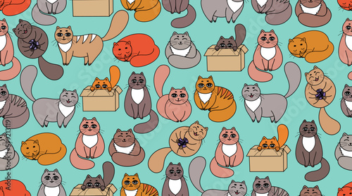 Fototapeta Naklejka Na Ścianę i Meble -  Cats pattern. Cartoon fun cats background. Funny kitten sleeping, playing, sitting on box, eating fish, relaxation.Different adorable cats print .Cute pets animal icons pack. Happy characters domestic