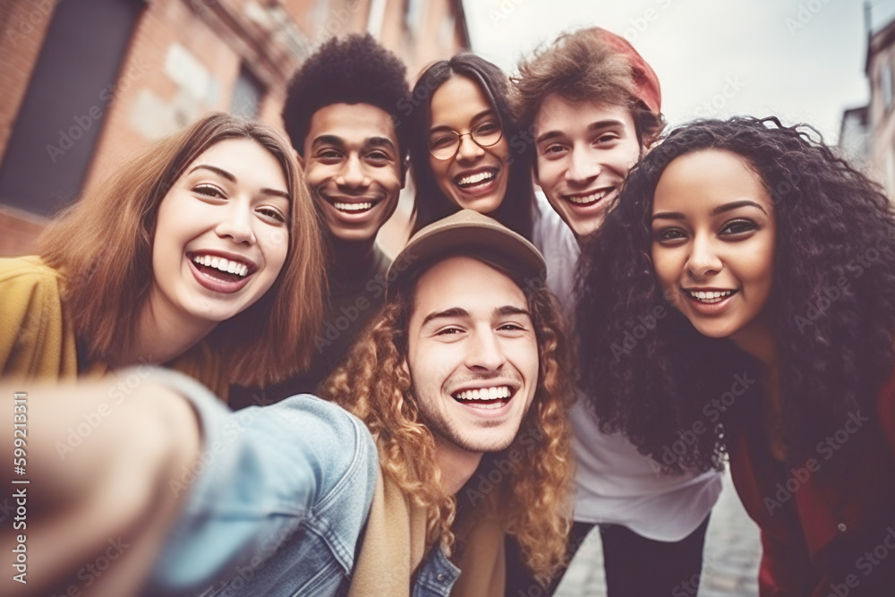 Young group of happy people taking selfie portrait on city street, Generative ai 