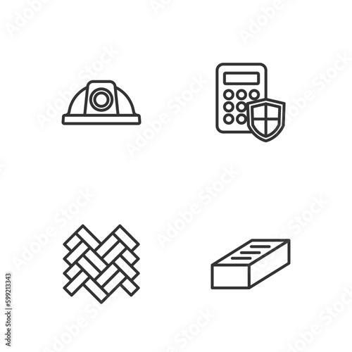 Set line Brick, Parquet, Worker safety helmet and Security keypad access panel icon. Vector