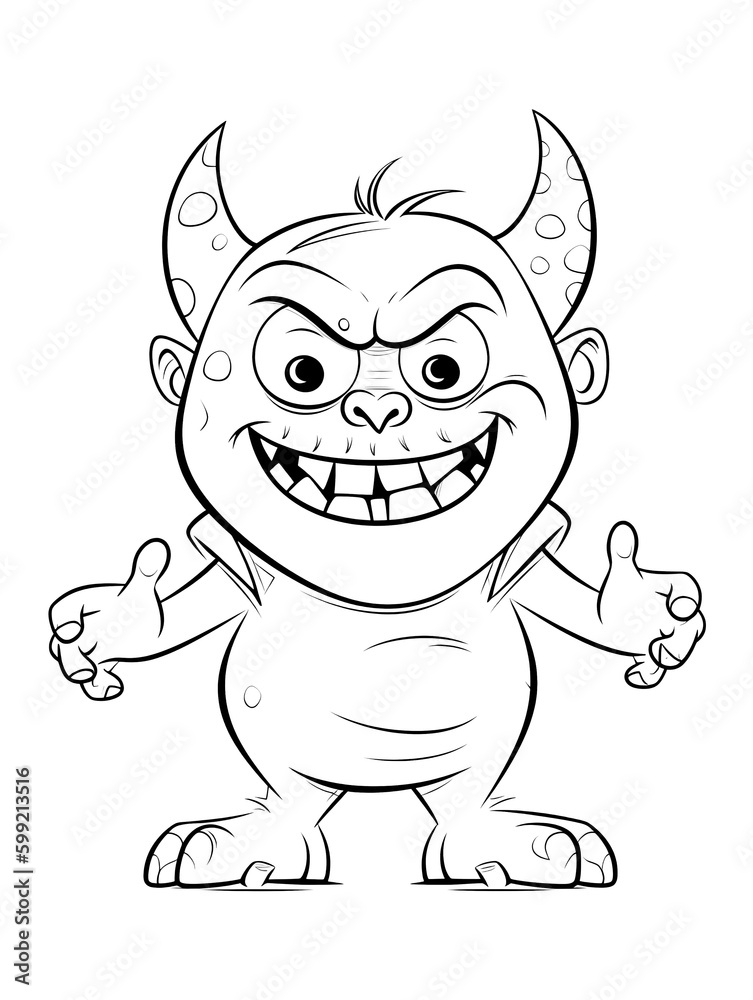 Demon Child Boy Coloring Page Thick Outline Silhouette Hand Drawn Illustration, Halloween Characters black and white, transparent background