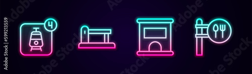 Set line Online ticket booking, Railway barrier, Ticket office to buy tickets and Cafe and restaurant location. Glowing neon icon. Vector