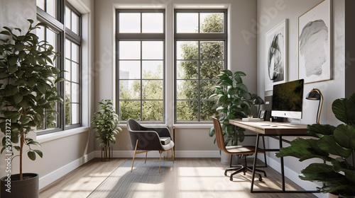 Bright and Modern Home Office Interior Design  generative AI 