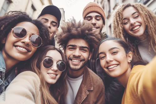 Young group of happy people taking selfie portrait on city street, Generative ai 