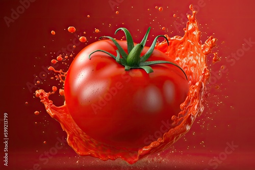 Ripe organically tomato with juice on a red background. Generative ai.