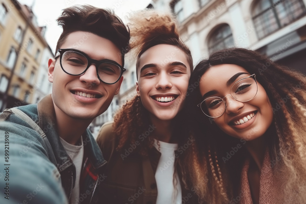 Young group of happy people taking selfie portrait on city street, Generative ai 