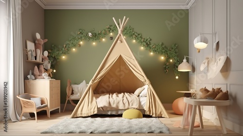 unique, modern children's room with beautiful colors and a tent bed