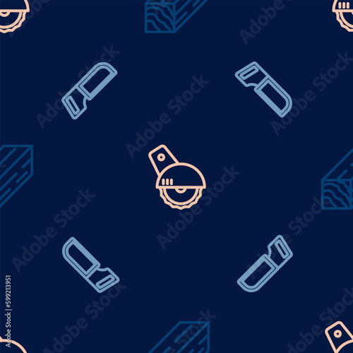Set line Wooden beam, Hacksaw and Electric circular on seamless pattern. Vector