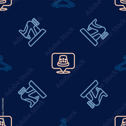 Set line Hanger wardrobe, Sewing machine and Thimble for sewing on seamless pattern. Vector
