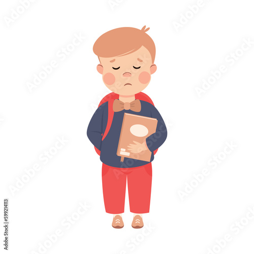 Happy mischievous boy standing with his hands raised cartoon vector illustration