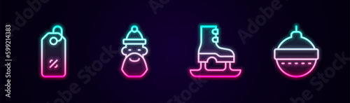 Set line Discount percent tag, Santa Claus hat and beard, Skates and Christmas ball. Glowing neon icon. Vector