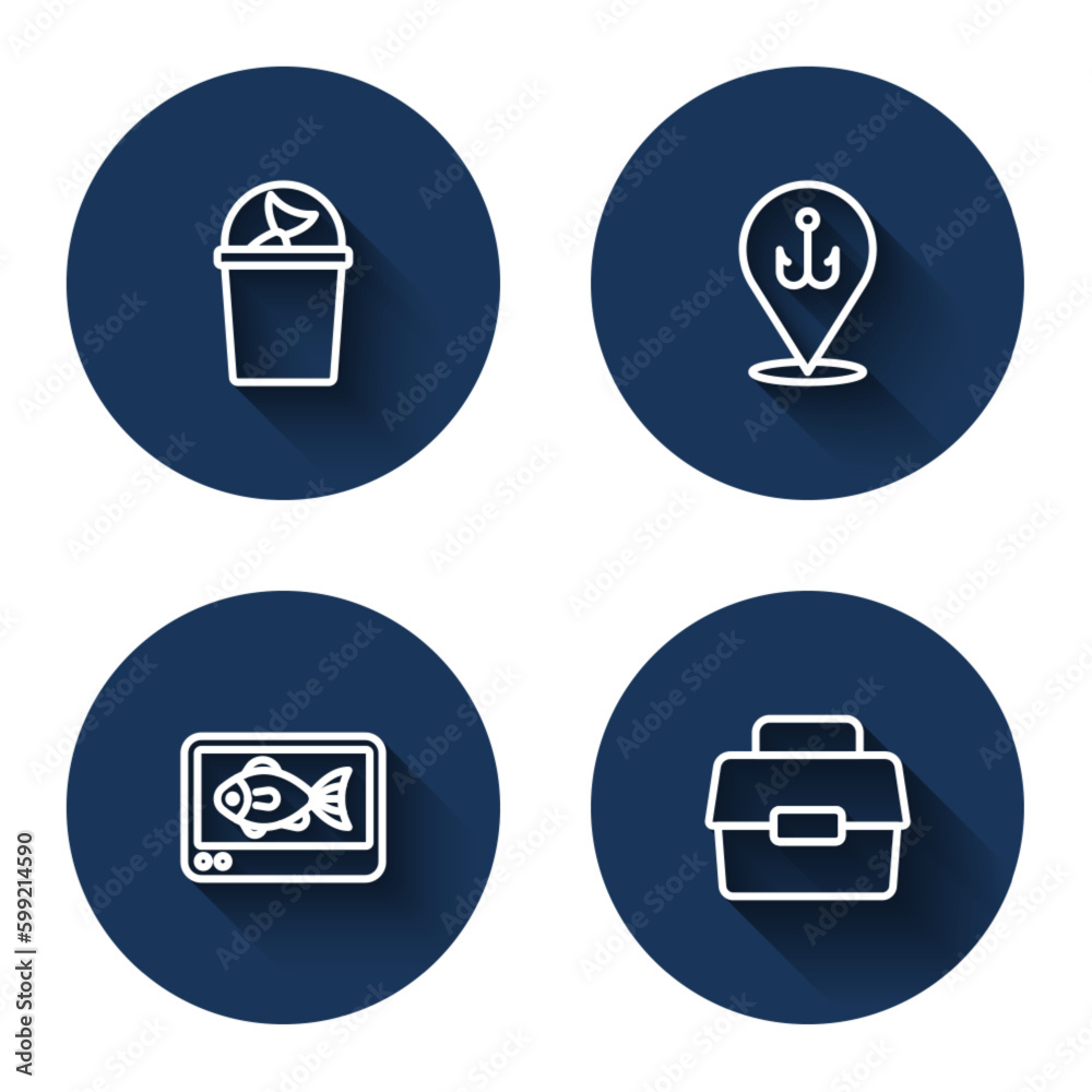 Set line Fishing bucket with fish, hook, finder echo sounder and Case or box for fishing with long shadow. Blue circle button. Vector Set line Fishing bucket with fish, hook, finder echo sounder and Case or box for fishing with long shadow. Blue circle button. Vector