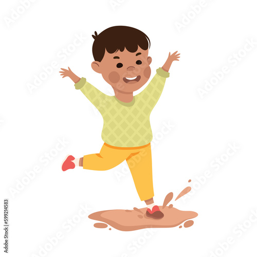 Funny mischievous boy holding glazed donut cartoon vector illustration