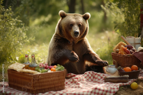 bear eating in picnic. curiosity and danger. generative ai photo