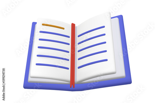 3d render vector icon of open book with bookmark on white background