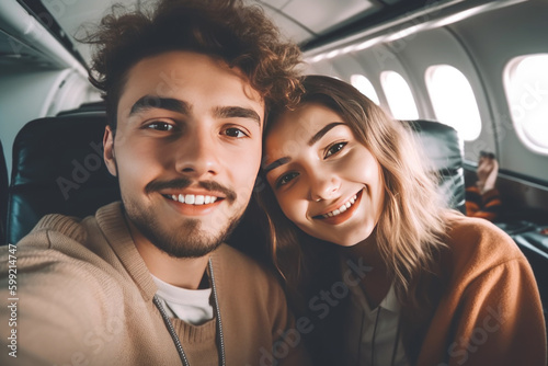 Happy young couple taking selfie inside airplane, Generative ai © Jasmina