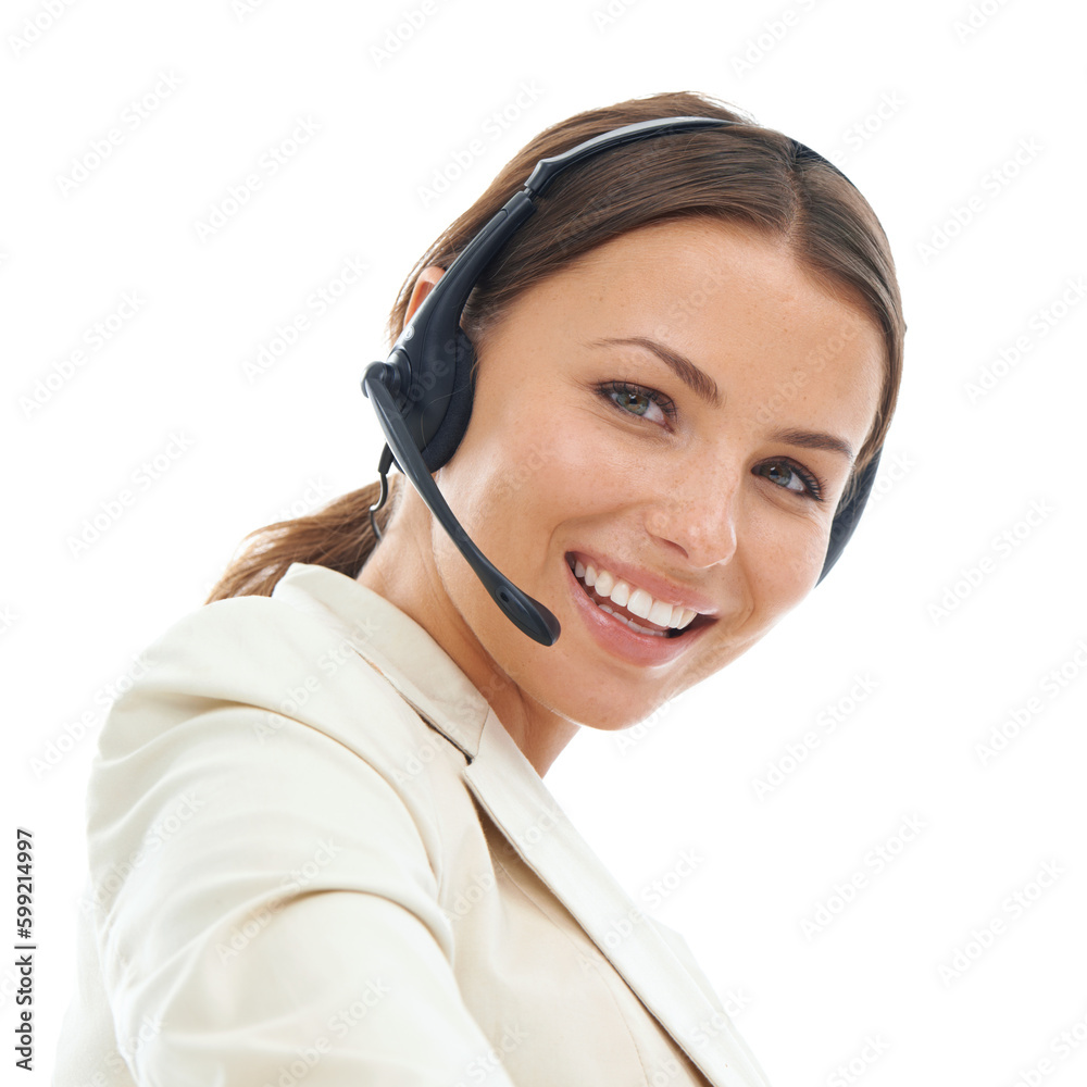 Assistance is her speciality. A close-up studio shot of a pretty young female operator wearing a headset, isolated on a white background. Assistance is her speciality. A close-up studio shot of a pretty young female operator wearing a headset, isolated on a white background.