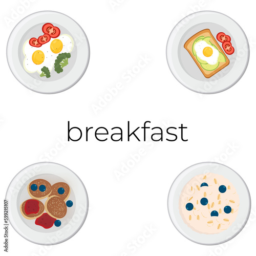 healthy breakfast on a plate, scrambled eggs, cheesecakes, oatmeal, avocado toast
