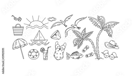 Summer beach set. Cartoon attributes of rest on the sea and ocean. Swimsuit, drink in a glass, seagulls, sun. Set of vector summer holidays. Illustration on an isolated background.