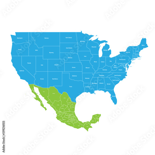 United States and Mexico political map of administrative divisions. Colorful vector map with labels.