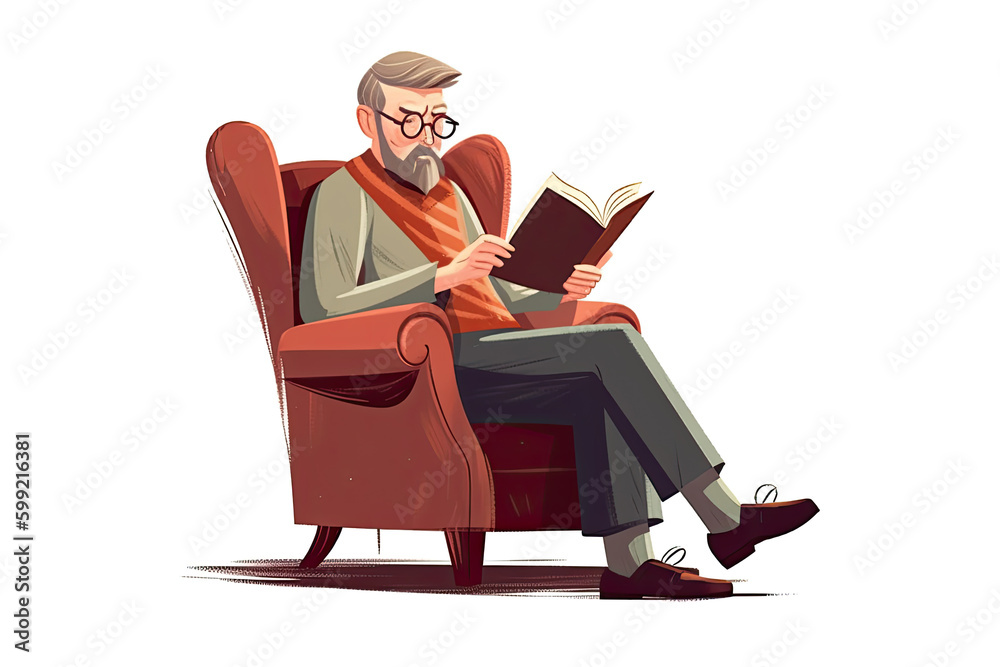 Hobby - reading a book, a man in a chair isolated on a white background. Generative ai. Hobby - reading a book, a man in a chair isolated on a white background. Generative ai.