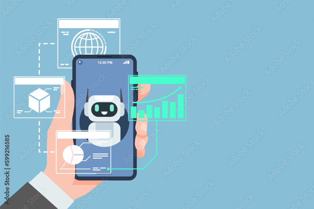 Chatbot assistant application on a computer smartphone. Artificial intelligence help service for business data. Chat bot by ai. Vector illustration flat design for banner, poster, and background. Chatbot assistant application on a computer smartphone. Artificial intelligence help service for business data. Chat bot by ai. Vector illustration flat design for banner, poster, and background.