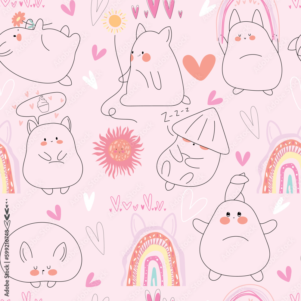 Seamless pattern of cute rabbit with flower, rainbows, hearts cartoon on pink background.Art.Kid graphic.Paper.Wallpaper.Kawaii.Vector.Illustration.