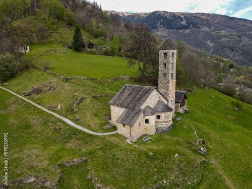Drone view at the church of Saint Carlo at Leontica on Blenio velley, Switzerland photo