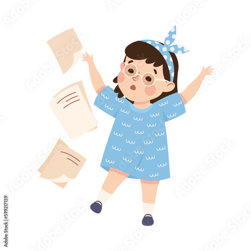 Upset girl and notebook pages flying around her. Stressed kid. Conflict at school, bullying, intimidation of weak cartoon vector illustration