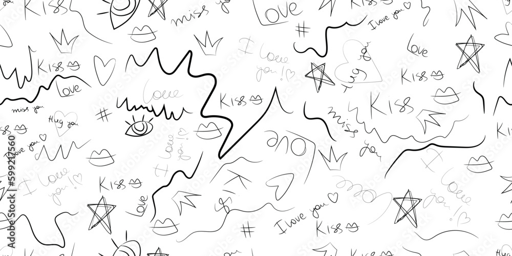 Seamless pattern of hearts, crowns,lips, stars,eyes, declarations of love written by hand. Trendy modern pattern. Sweet love texture for postcards, banners, posters, websites and decorative prints. Seamless pattern of hearts, crowns,lips, stars,eyes, declarations of love written by hand. Trendy modern pattern. Sweet love texture for postcards, banners, posters, websites and decorative prints.