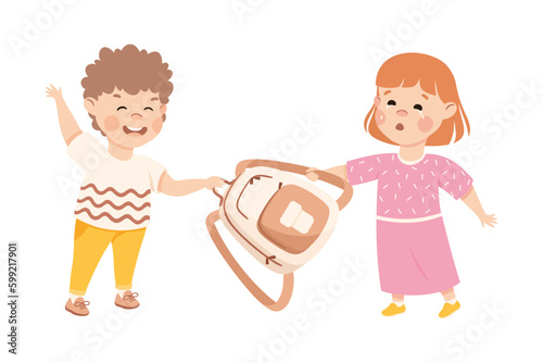 Aggressive bully boy taking away backpack from girl. Bad manners, conflict between kids, bullying, intimidation of weak cartoon vector illustration