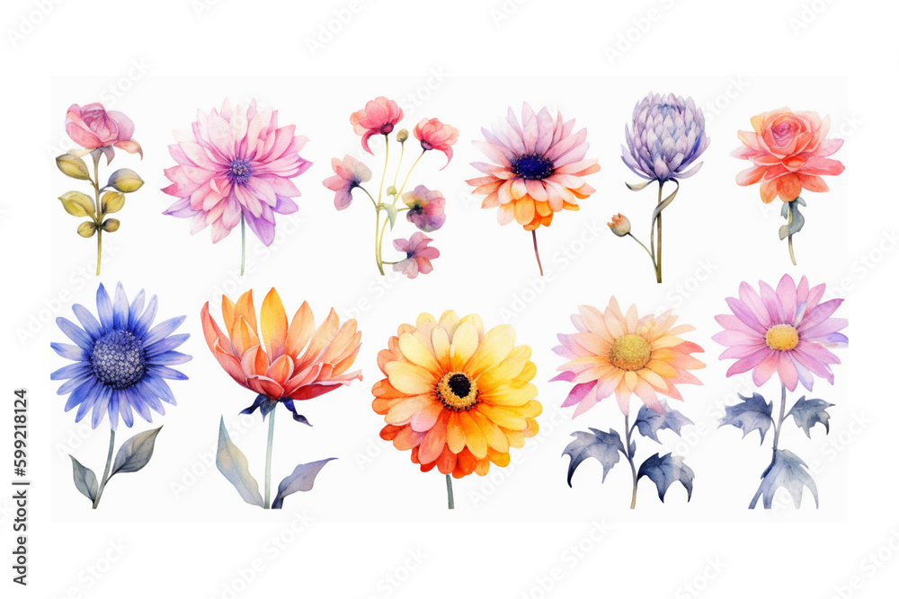 Watercolor Flowers Set. Botanical collection of wild and garden plants. Generative AI