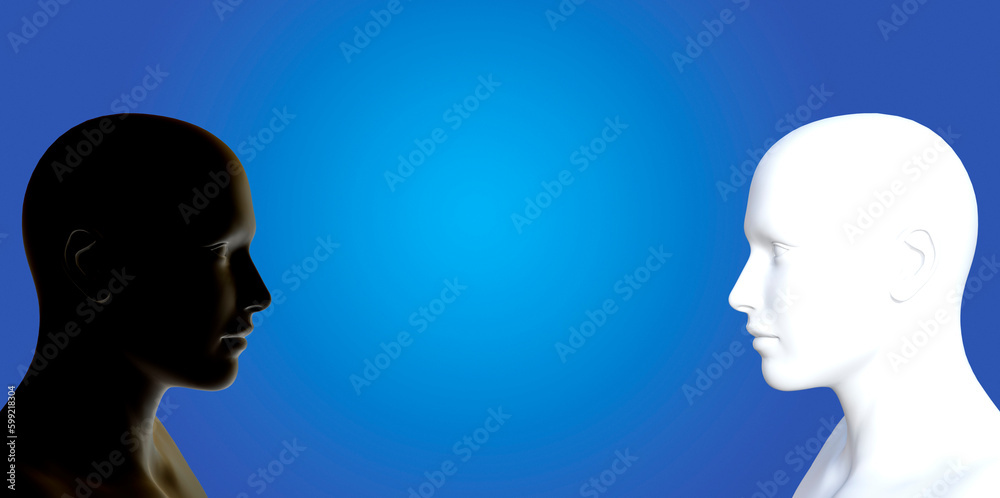 humanoid heads facing each other, one black one white humanoid heads facing each other, one black one white