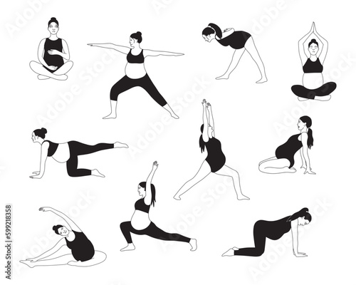 Pregnant woman doing yoga exercise. Different asanas for health and body relaxation. Hand drawn illustration isolated on white background.