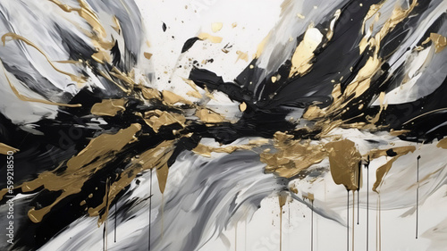 An abstract painted wall art background with a minimalist color palette of black, white, and gold