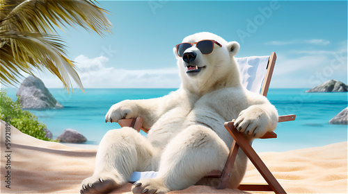 polar bear  on the beach in a deck chair with sunglasses, gerenative AI