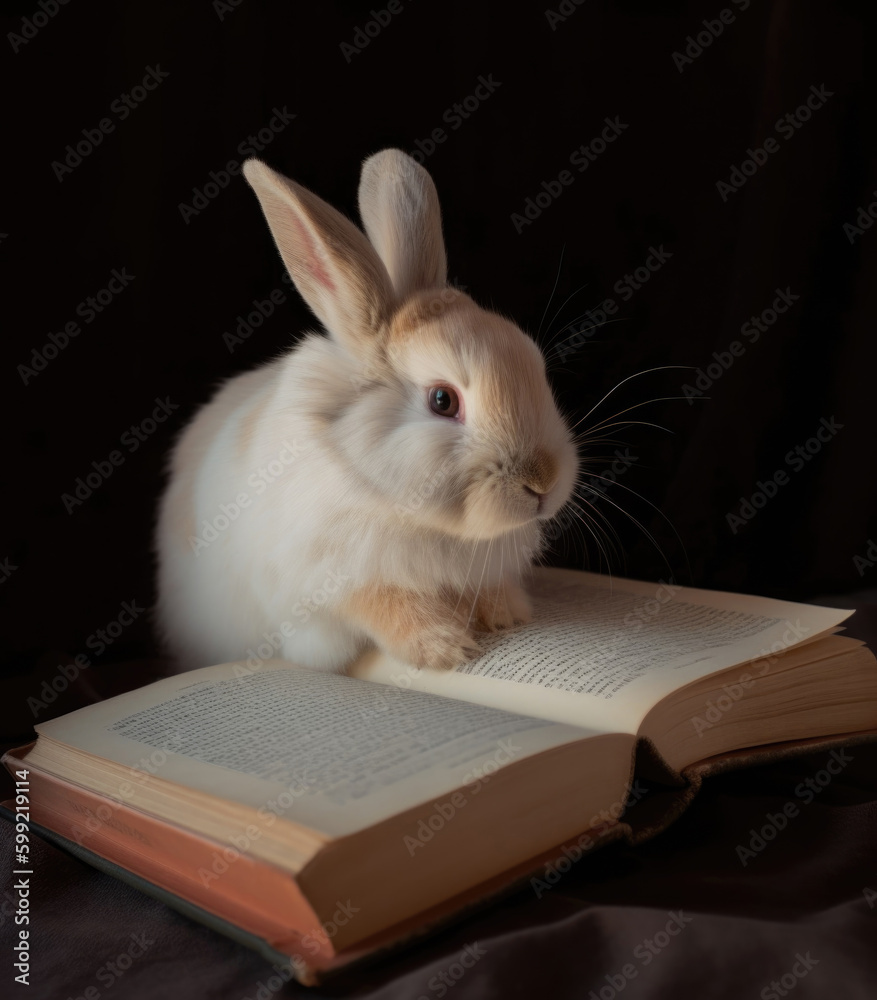 Cute rabbit sitting on old books. Generative AI