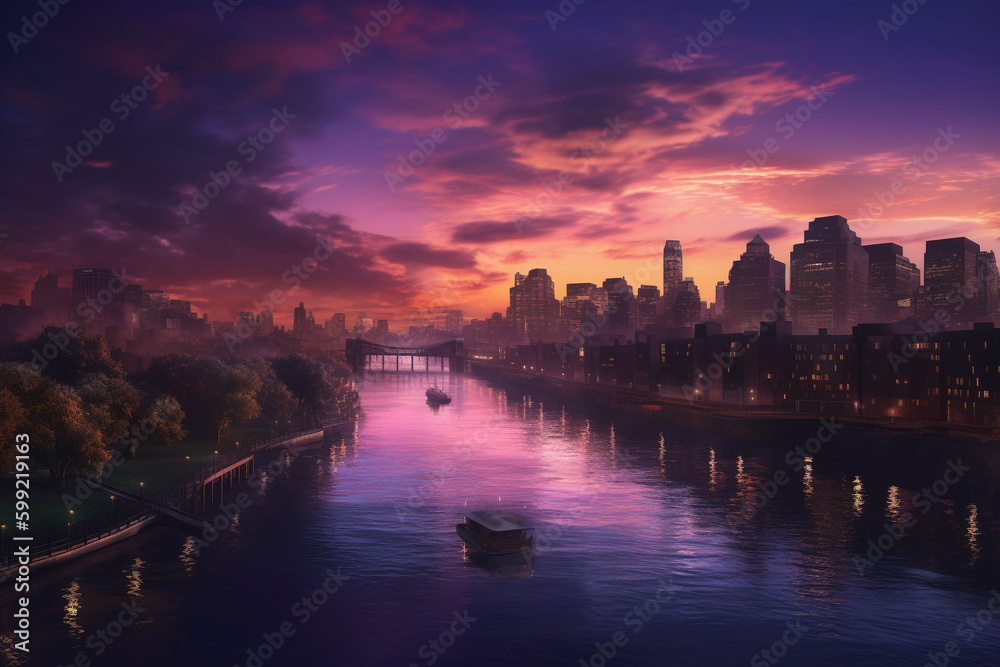 a-photorealistic-backdrop-of-a-large-city-skyline-at-sunset-with-tall