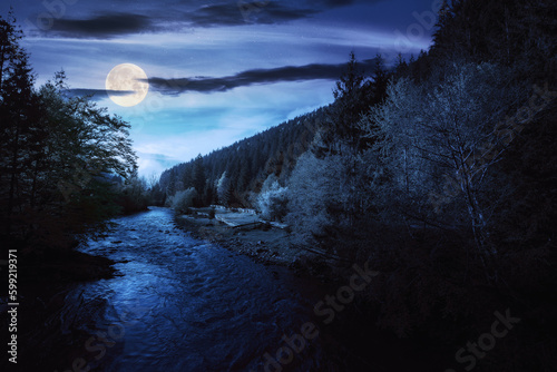 nature scenery with mountain river at night. green environment background with stones on the shore and forested hills in full moon light