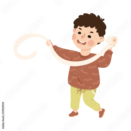 Little bully boy tearing and throwing toilet paper. Hoodlum schoolkid cartoon vector illustration