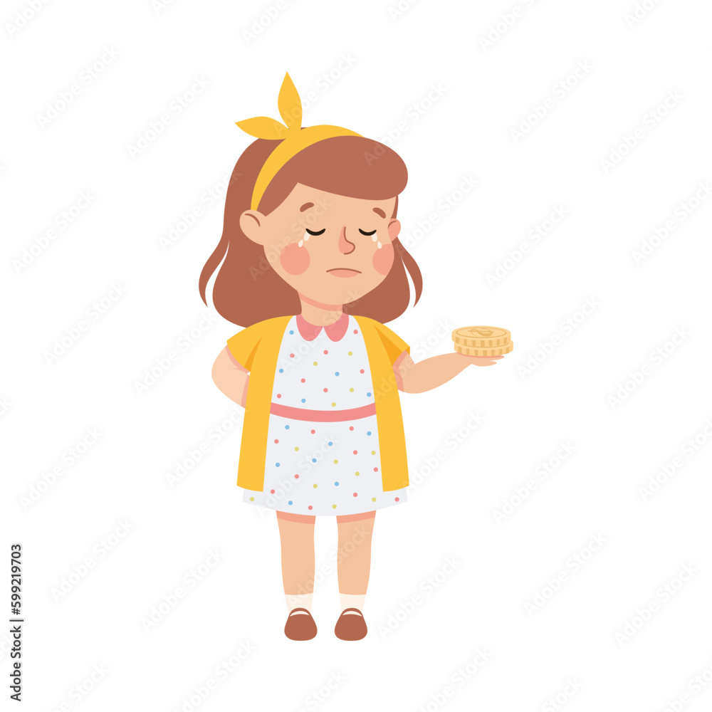 Upset girl with backpack holding cookie in her outstretched hand. Stressed schoolkid. Conflict at school, bullying, intimidation of weak cartoon vector illustration Upset girl with backpack holding cookie in her outstretched hand. Stressed schoolkid. Conflict at school, bullying, intimidation of weak cartoon vector illustration