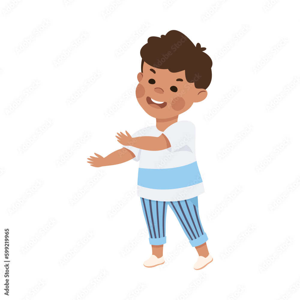 Happy little boy gesturing with both hands. Cute joyful schoolkid cartoon vector illustration