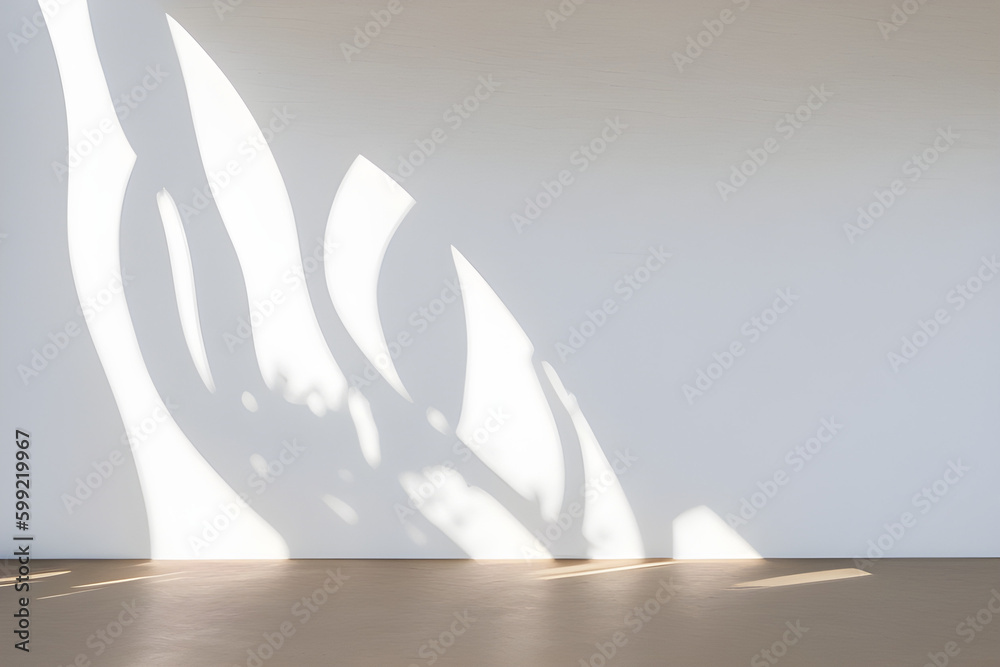 Empty wall and floor, soft beautiful spotted sunlight, shadow on light wall for luxury organic cosmetics, skin care. Place for text, generative ai Empty wall and floor, soft beautiful spotted sunlight, shadow on light wall for luxury organic cosmetics, skin care. Place for text, generative ai