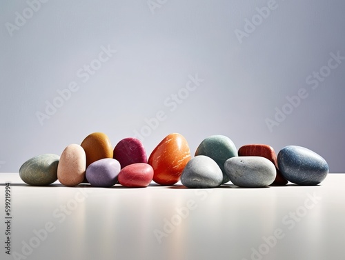 Colorful rocks aligned in a minimal composition, representing diversity and similarities photo