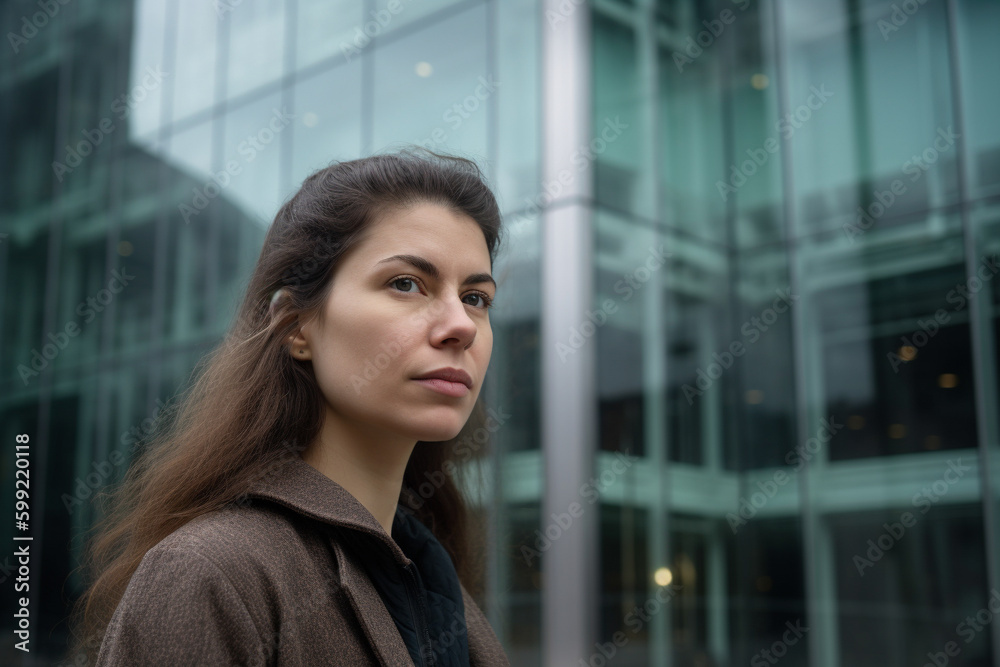A woman in her late twenties stands in front of a tall, glass office building, her eyes wide with anticipation. A woman in her late twenties stands in front of a tall, glass office building, her eyes wide with anticipation.