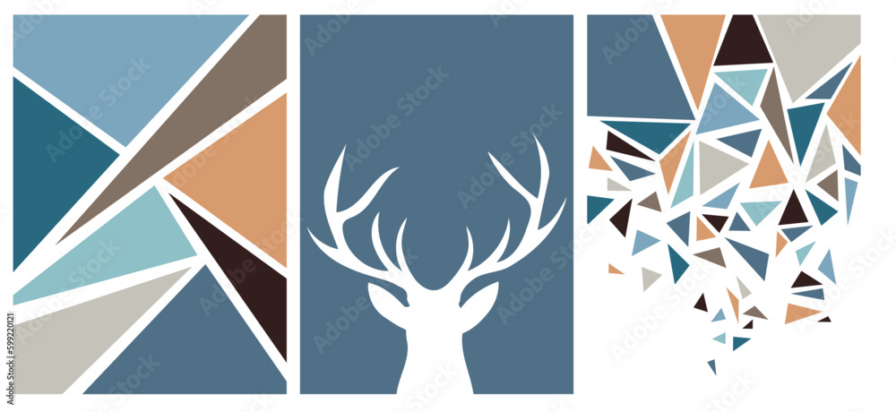 collection of modern simple color posters with deer silhouette and geometric shapes (triangles) on background